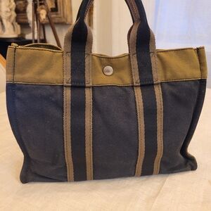 Hermes Vintage Black Camo Green Canvas Tote Bag